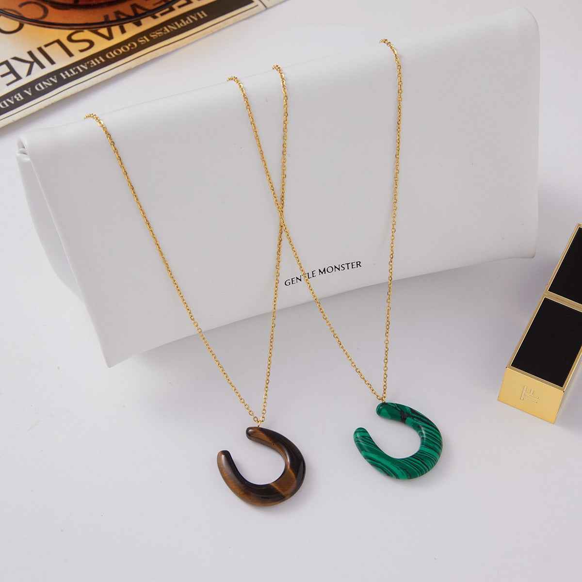 18K Stainless Steel Horseshoe U-shaped Tiger's Eye and Malachite Pendant Necklace