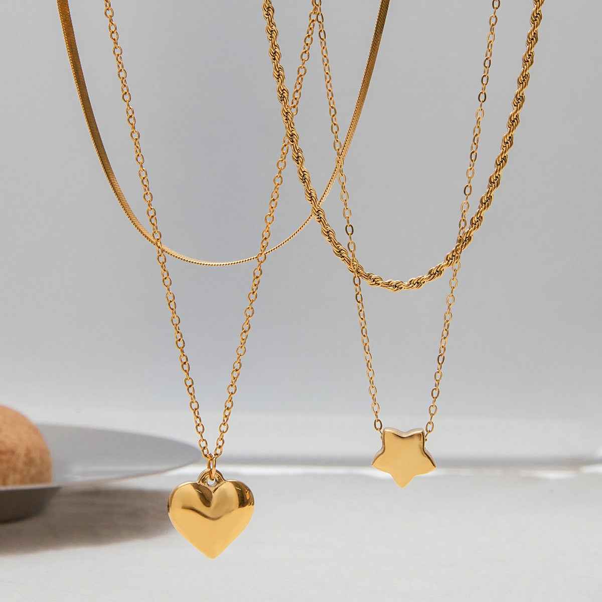 18K gold double chain with heart/star design exquisite simple necklace