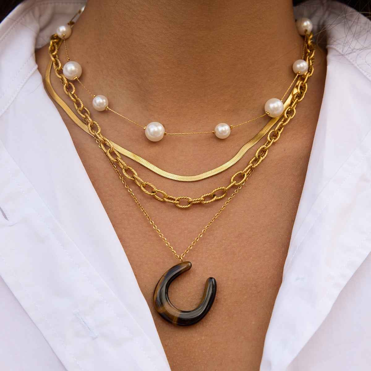 18K Stainless Steel Horseshoe U-shaped Tiger's Eye and Malachite Pendant Necklace