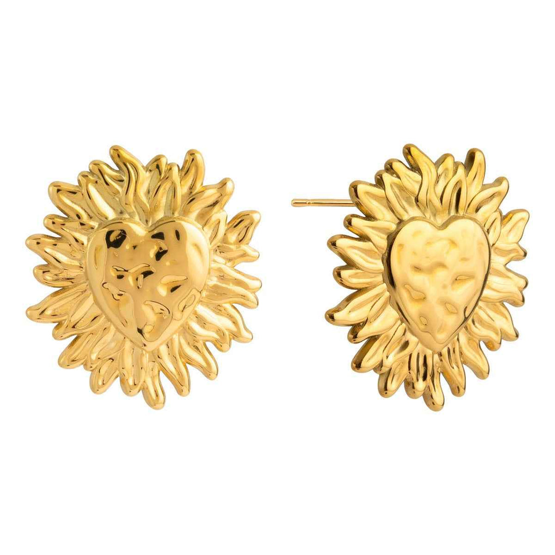 18K Gold Heart-Shaped Sun Design Lightweight Luxury Stud Earrings