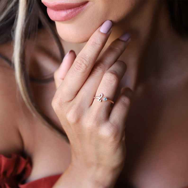 Personalized open ring with birthstones in the shape of numbers and letters