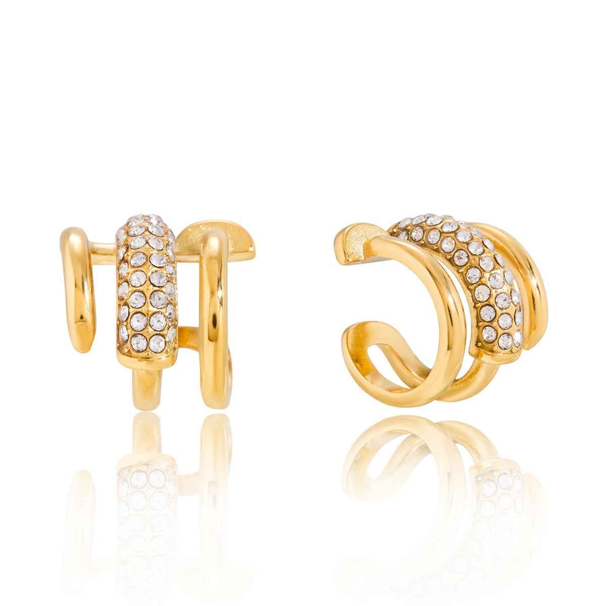18K gold earrings inlaid with cubic zirconia, in a nail design.