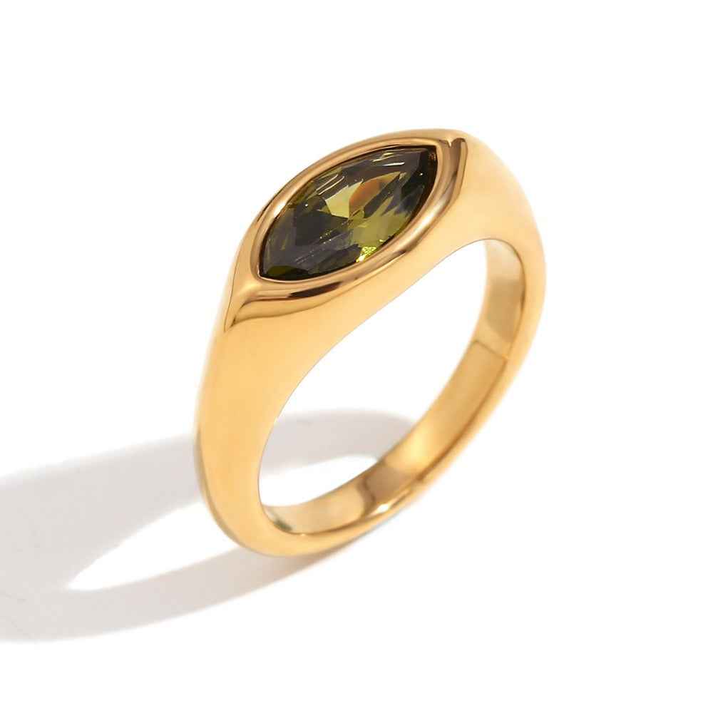 18K gold ring with marquise-cut zircon and seal design