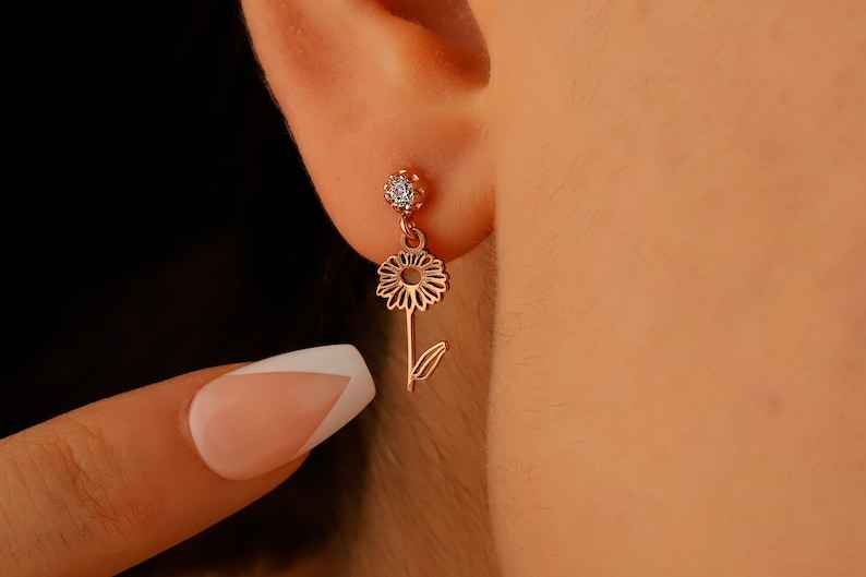 Custom Engraved Script Name Drop Earrings with Flower
