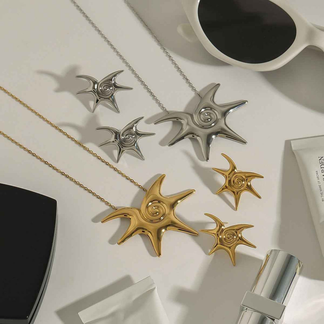 18K gold sun with thread design trendy and unique earrings and necklace set