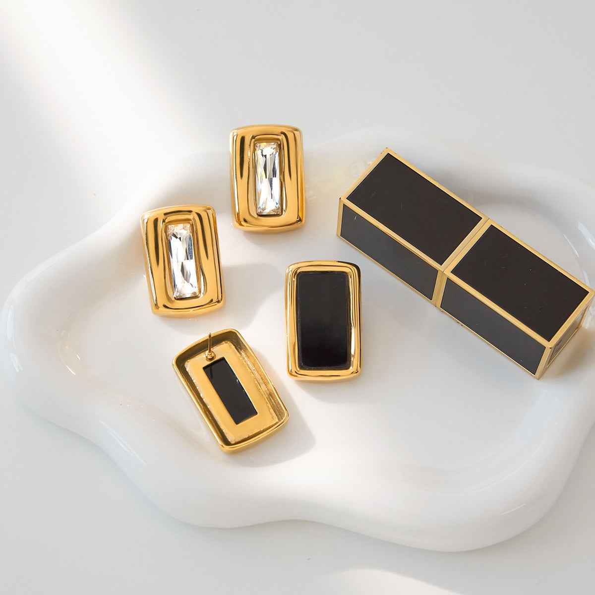 Square 18K gold-plated titanium steel stud earrings with embedded cubic zirconia.