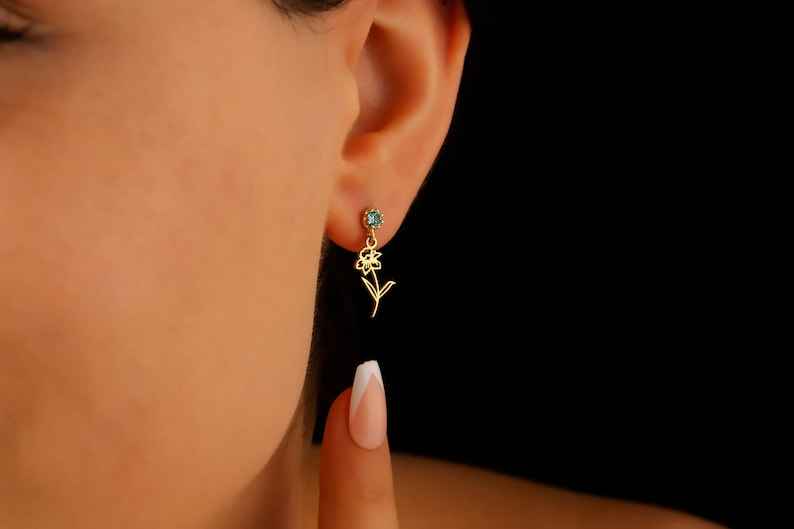 Custom Engraved Script Name Drop Earrings with Flower