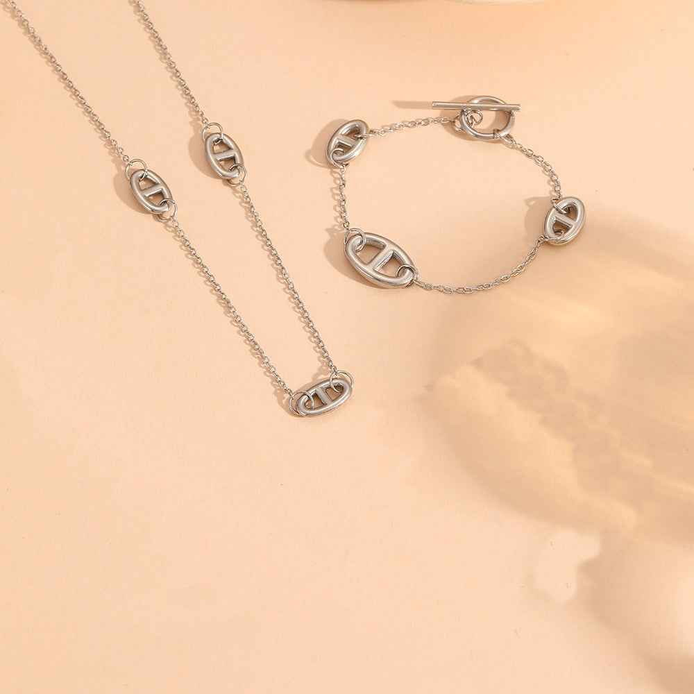 18K Gold Plated Smooth Pig Nose Design Necklace, Bracelet, and Earrings Set