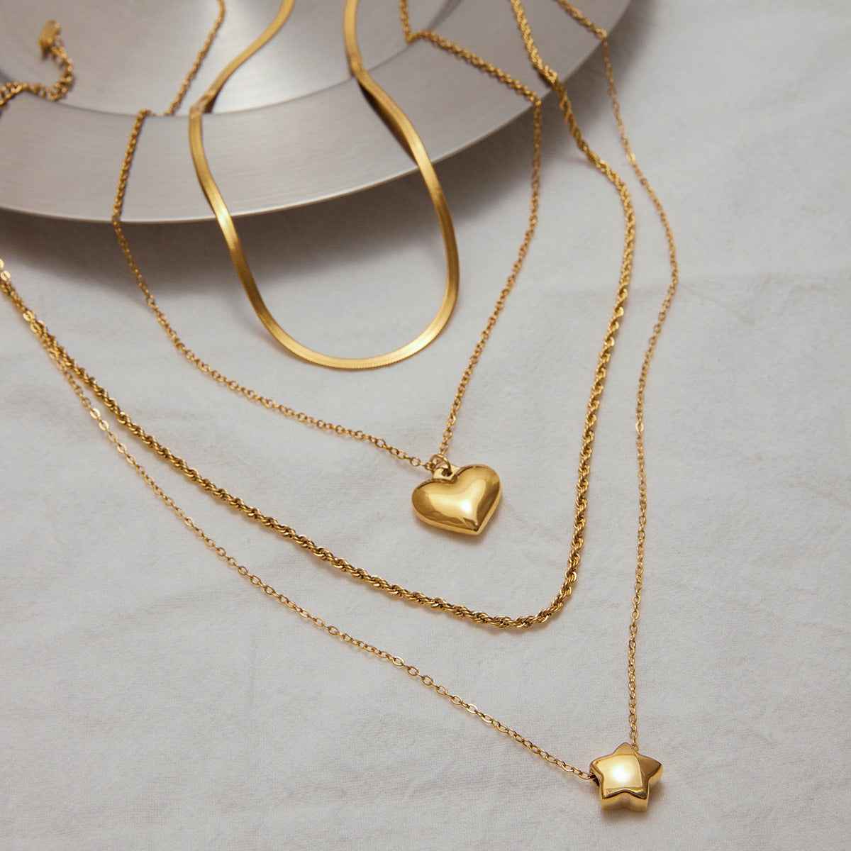 18K gold double chain with heart/star design exquisite simple necklace