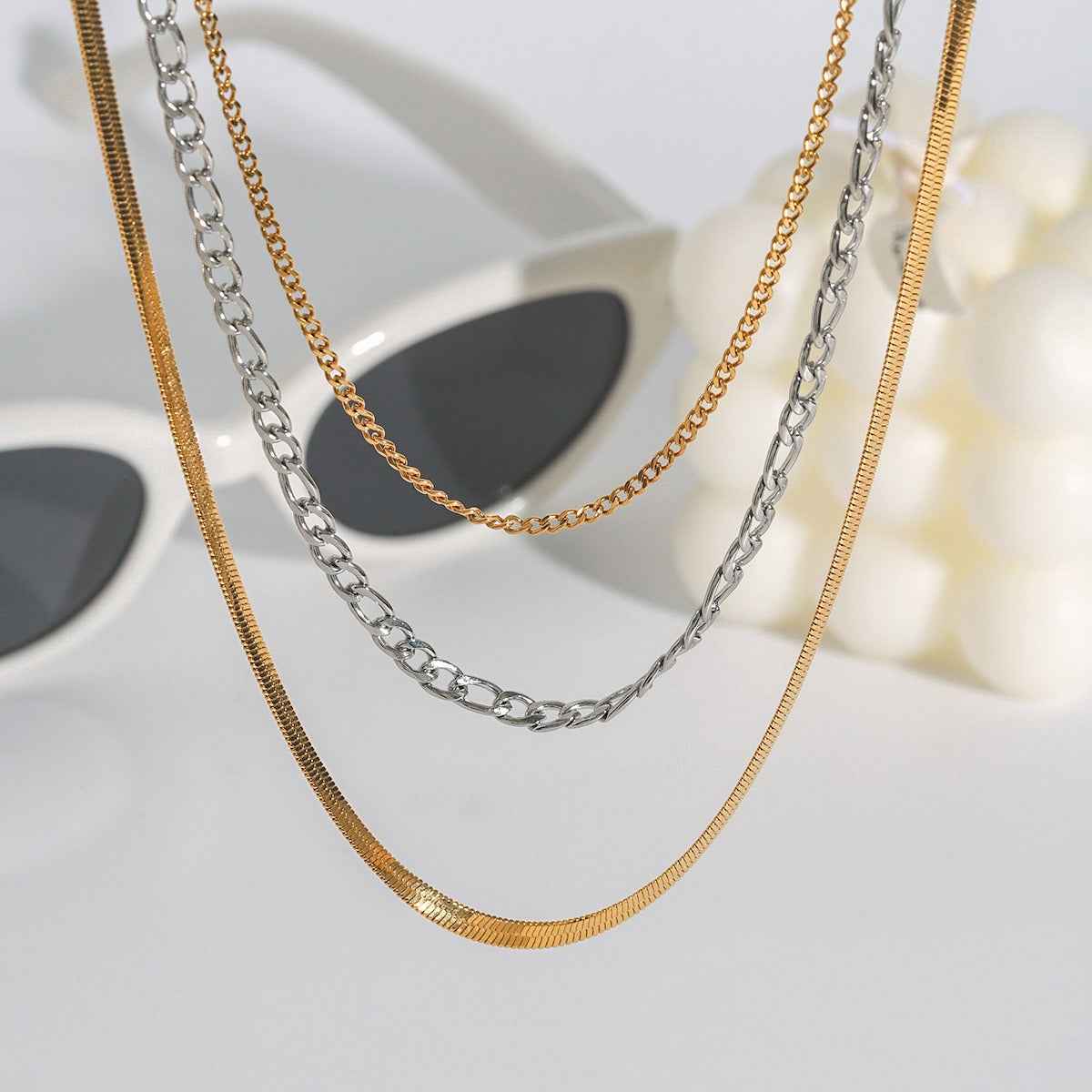 18K gold multi-layer chain with gold and silver color matching design simple personality necklace