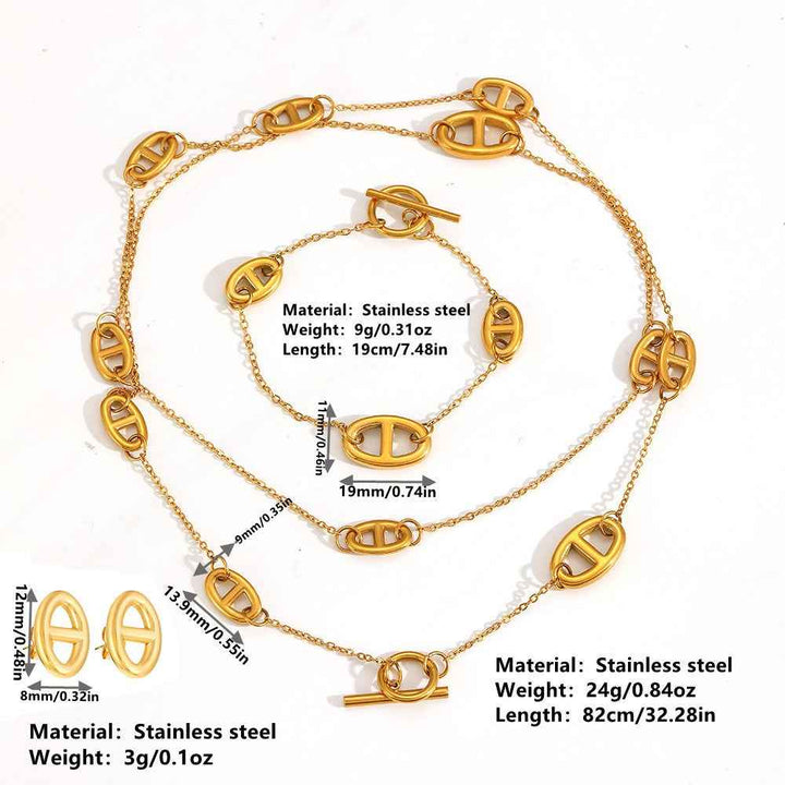 18K Gold Plated Smooth Pig Nose Design Necklace, Bracelet, and Earrings Set