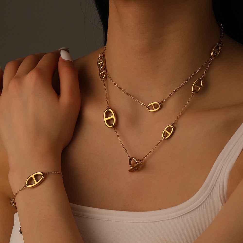 18K Gold Plated Smooth Pig Nose Design Necklace, Bracelet, and Earrings Set