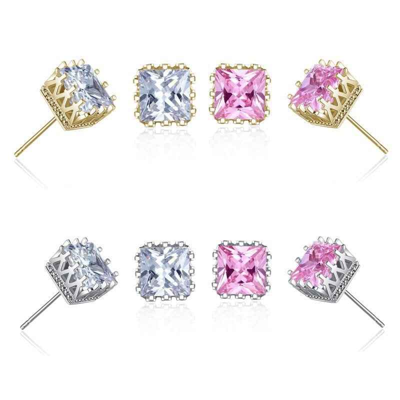 Crown-shaped openwork square zircon stud earrings
