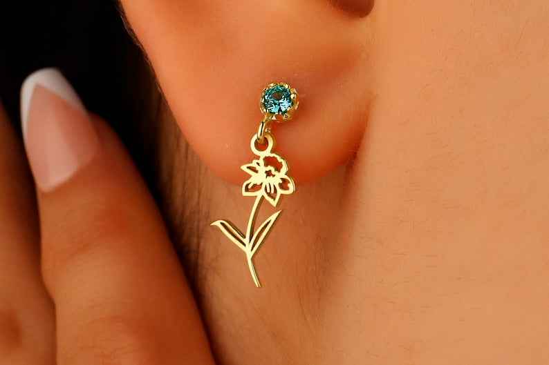 Custom Engraved Script Name Drop Earrings with Flower
